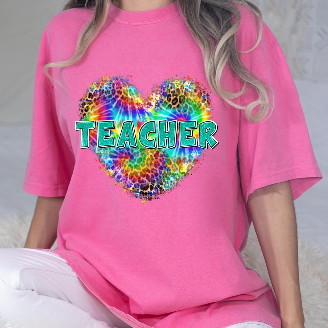 Teacher Tie-Dye Heart DTF Print